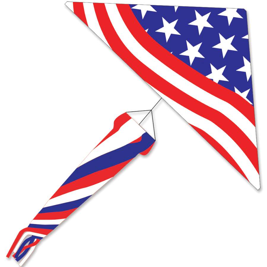 A 6.5 ft. Delta Kite - Old Glory Pack flying high in a clear blue sky, showcasing its vibrant colors and stable design.