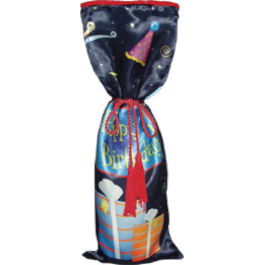 Deluxe Gift Bag - Birthday Blast in luxurious satin, measuring 6x16 inches, showcasing an elegant presentation for wine or stylish accessories.