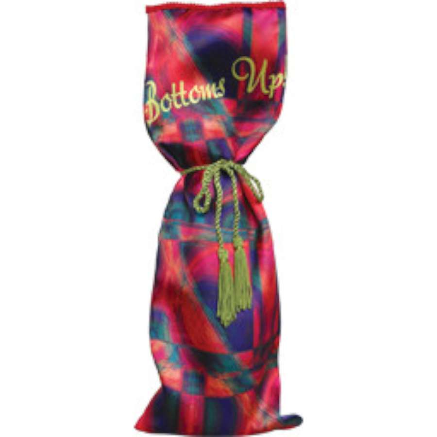 Deluxe Gift Bag - Bottoms Up in luxurious satin, measuring 6x16 inches, with tassels and trim, ideal for gifting wine or storing accessories.