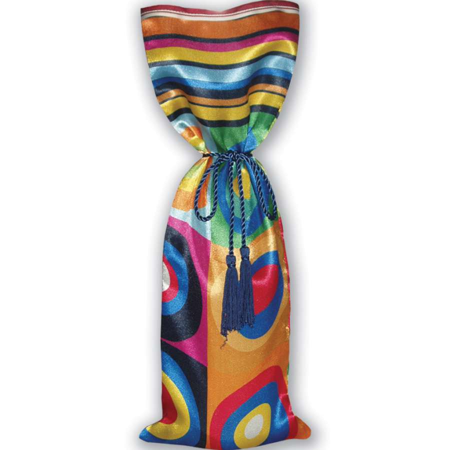 Deluxe Gift Bag - Neo Mosaic in vibrant satin fabric with tassels, perfect for wine bottles and versatile storage solutions.