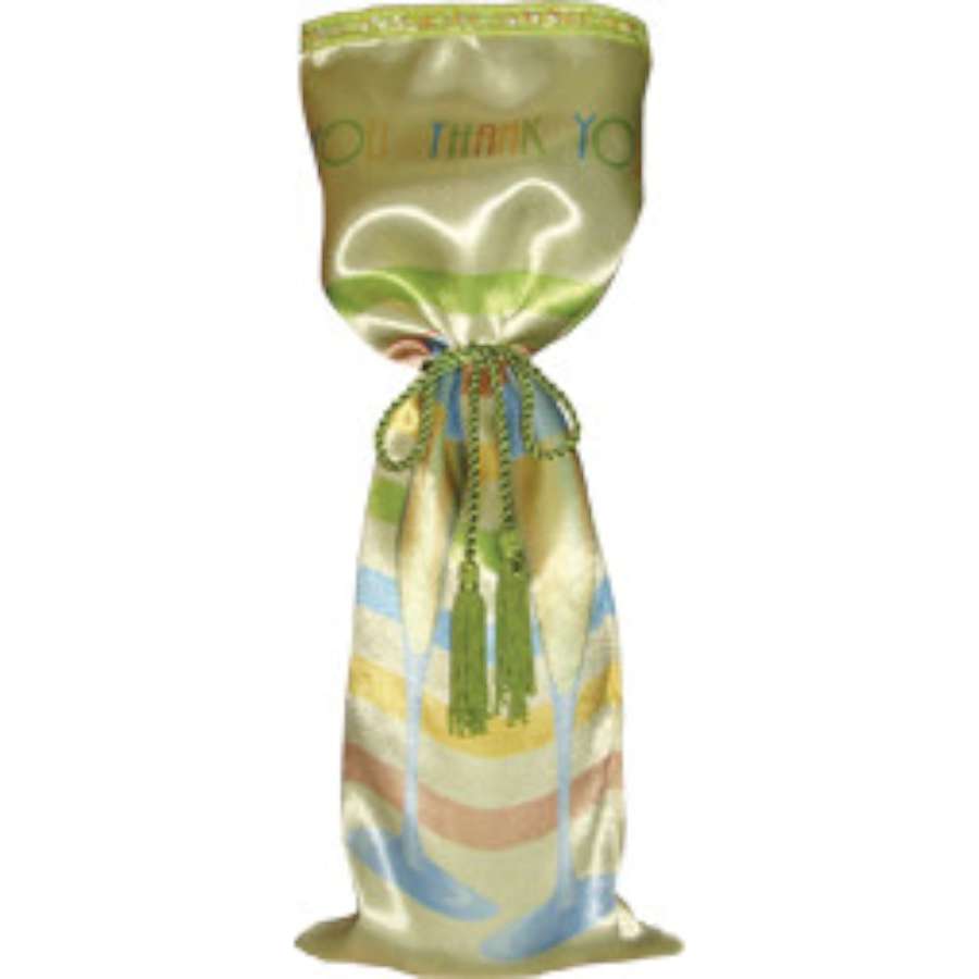 Deluxe Gift Bag in luxurious satin, measuring 6x16 inches, displayed with wine bottle and tassels for an elegant presentation.