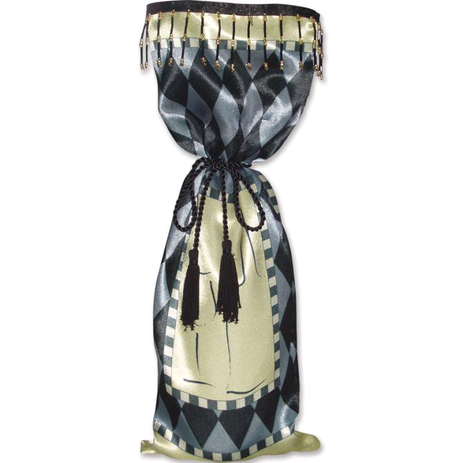 Deluxe Gift Bag for Toasting Flutes showcasing luxurious satin fabric with trim and tassels, measuring 6x16 inches, perfect for gifting wine or champagne.