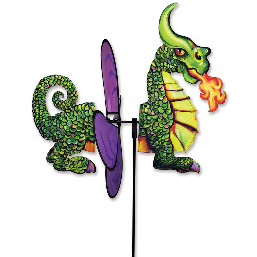 Deluxe Petite Spinner - Dragon featuring vibrant dragon design and sturdy support rod, spinning gracefully in a garden setting.