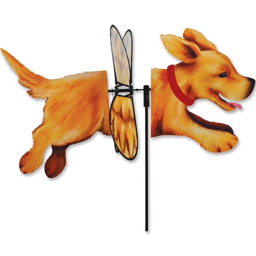Deluxe Petite Spinner - Golden Retriever spinning gracefully in a garden setting, showcasing its colorful design and stable support rod.