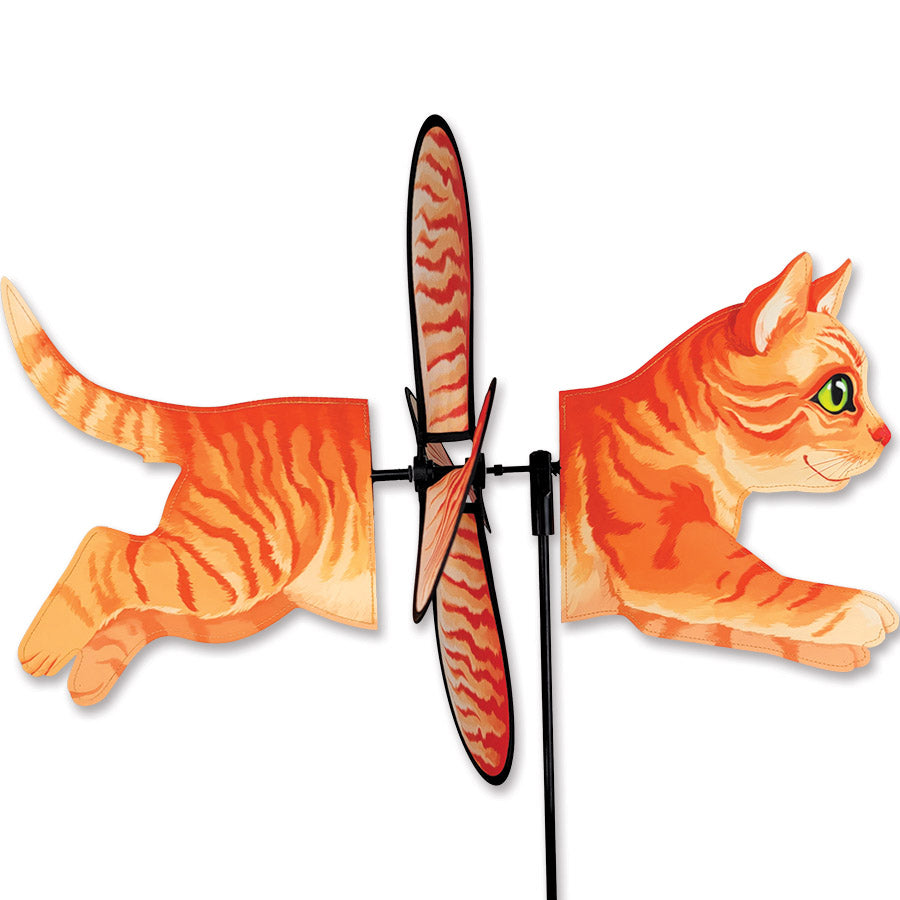 Deluxe Petite Spinner featuring an orange tabby cat design, twirling in a garden setting, showcasing vibrant colors.
