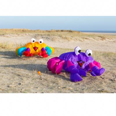 Compact gold and rainbow bouncing crab kite accessory designed to hop and move in the wind, adding bright color and playful motion to beach and lawn displays.