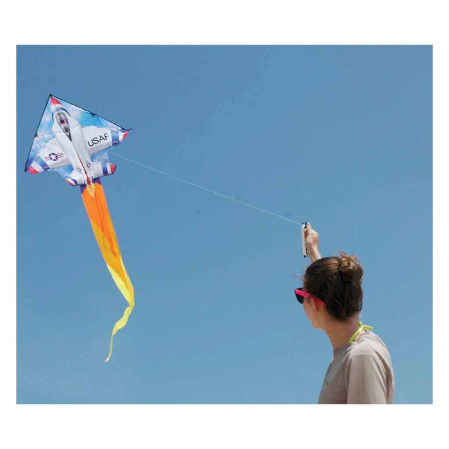 2D F-16 Thunderbird jet kite with red-white-blue livery, ripstop polyester sail, fiberglass frame, and 300 ft. of line. Includes fabric case with header.