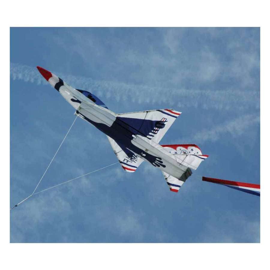 3D F16 Thunderbird jet kite with bold red-white-blue design, ripstop fabric, and fiberglass frame. Includes 300 ft. line and winder for stable flight.