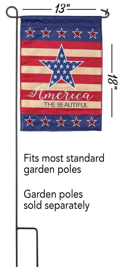 America The Beautiful Garden Flag with double-thickness design, intricate applique stitching, and durable nylon construction for patriotic outdoor décor.