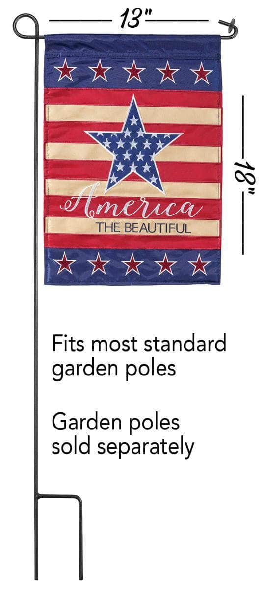 America The Beautiful Garden Flag with double-thickness design, intricate applique stitching, and durable nylon construction for patriotic outdoor décor.