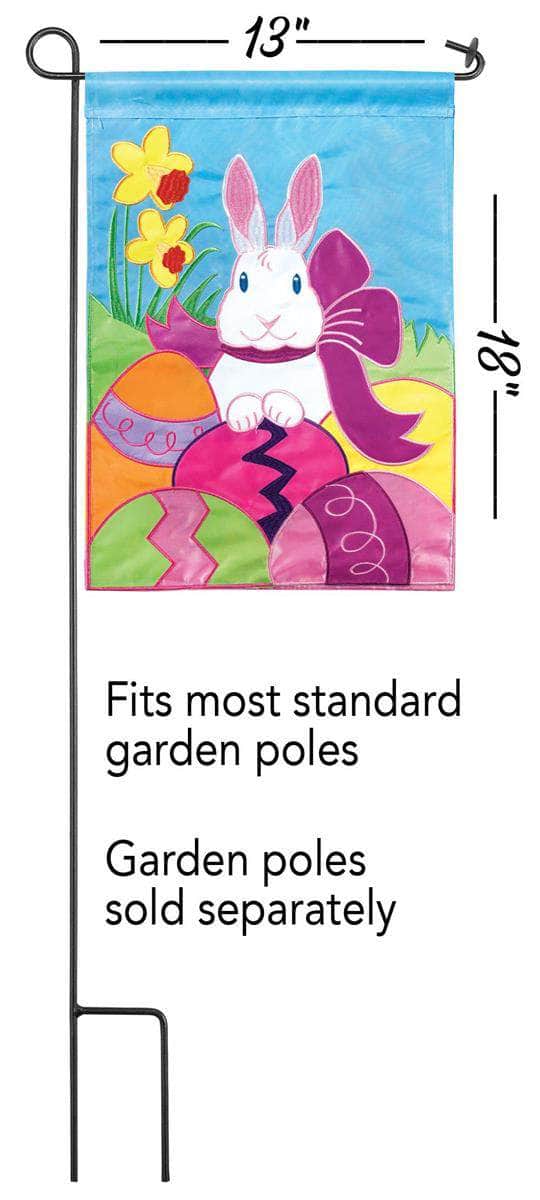 Easter Bunny Eggs Garden Flag with double-thickness design, intricate applique stitching, and durable nylon construction for Easter outdoor décor.