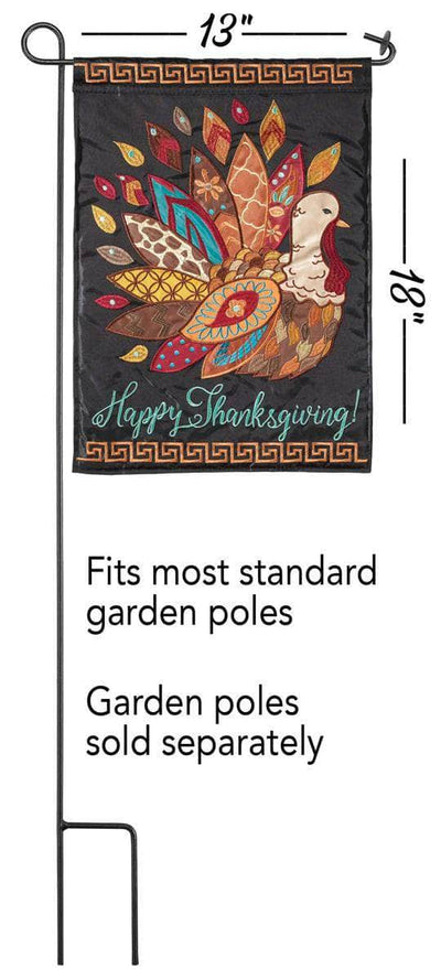 Happy Thanksgiving Patterned Turkey Garden Flag with double-thickness design, intricate applique stitching, and durable nylon construction for festive outdoor décor.