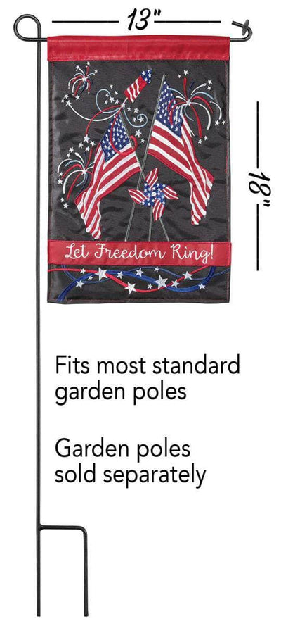 Let Freedom Ring Garden Flag with double-thickness design, intricate applique stitching, and durable nylon construction for patriotic outdoor décor.