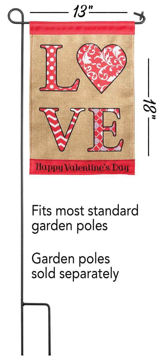 Love Valentine's Day Garden Flag with double-thickness design, intricate applique stitching, and durable nylon construction for romantic outdoor décor.