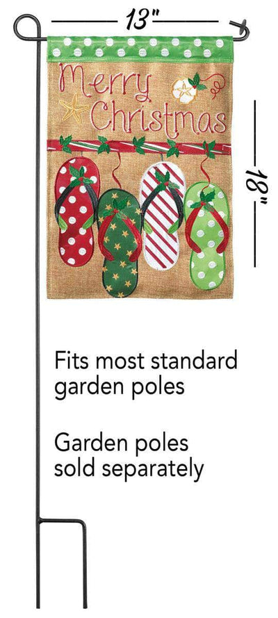 Merry Christmas Flip Flops Burlap Garden Flag with double-thickness design, intricate applique stitching, and durable burlap and nylon construction for unique holiday décor.