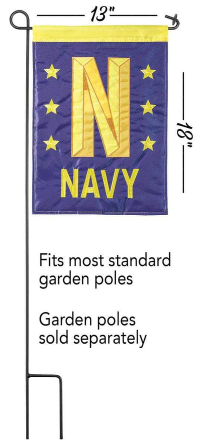 Navy Garden Flag with double-thickness design, intricate applique stitching, and durable nylon construction for patriotic outdoor décor.