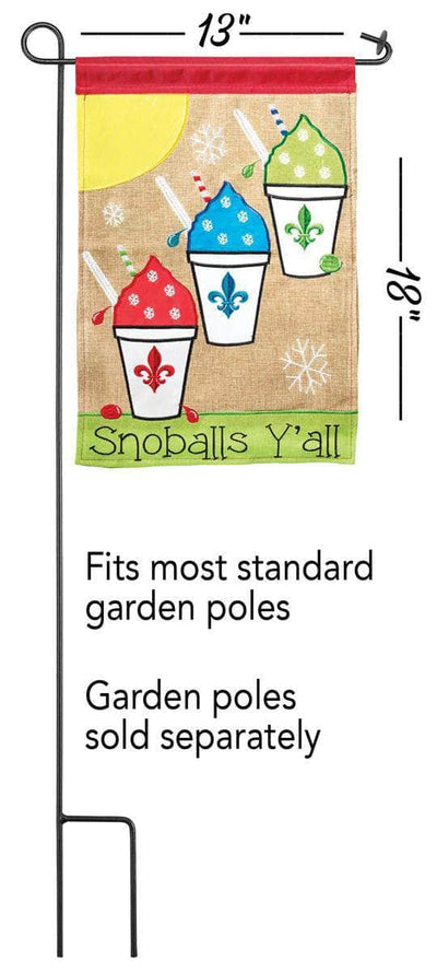 Snoballs Y’all Burl Burlap Garden Flag with double-thickness design, intricate applique stitching, and durable burlap and nylon construction for fun outdoor décor.