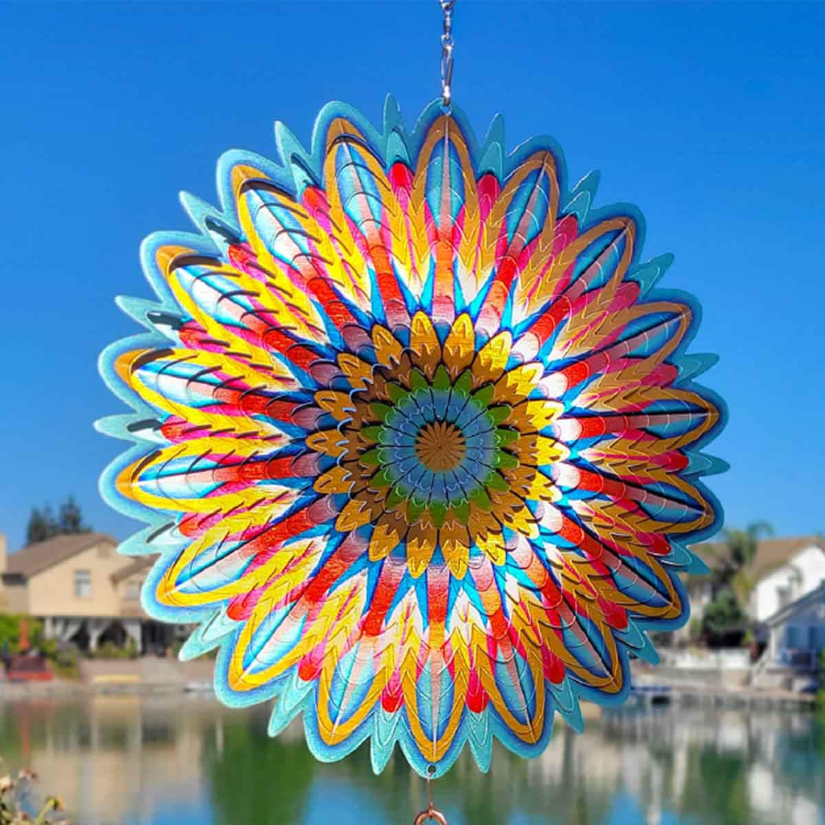 12-inch mandala floral metal spinner creates a mesmerizing animated effect, adding vibrant color and dynamic motion to your garden, patio, or outdoor decor.