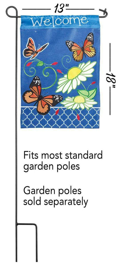Welcome Butterfly Trio Garden Flag with double-thickness design, intricate applique stitching, and durable nylon construction for colorful outdoor décor.