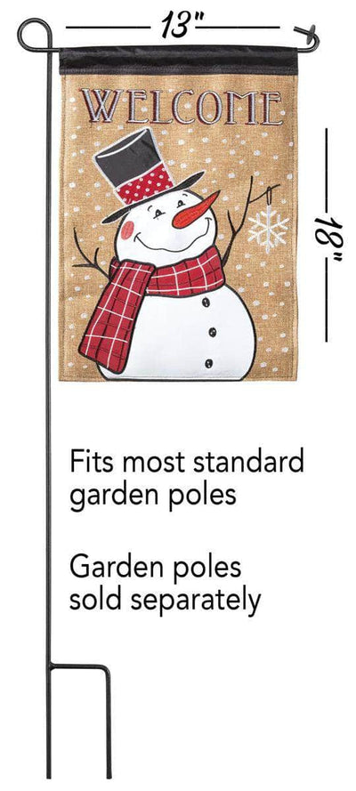 Welcome Snowman Scarf Burlap Garden Flag with double-thickness design, intricate applique stitching, and durable burlap and nylon construction for festive winter décor.