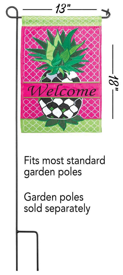 Welcome Whimsy Pineapple Garden Flag with double-thickness design, intricate applique stitching, and durable nylon construction for fun outdoor décor.