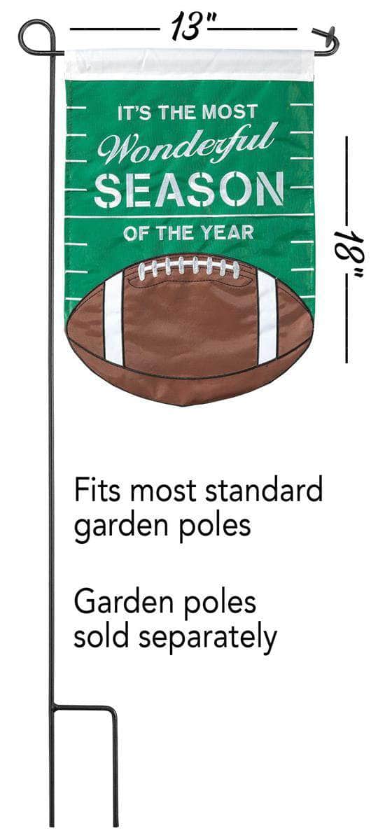 Wonderful Season Football Garden Flag with double-thickness design, intricate applique stitching, and durable nylon construction for sports outdoor décor.