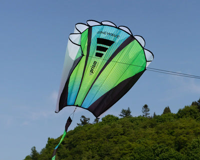 Sinewave kite with colorful parafoil design, smooth wave-like motion, and detachable tail—durable, frameless outdoor fun for flyers of all skill levels.