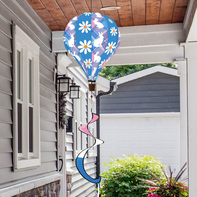 Hot air balloon spinner with spring bunnies, Easter florals, and pastel colors, crafted from weather-resistant polyester for cheerful outdoor garden décor.