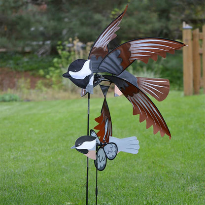 Chickadee spinner with natural color tones and detailed design spins in wind for a lifelike garden accent that honors this beloved backyard bird.