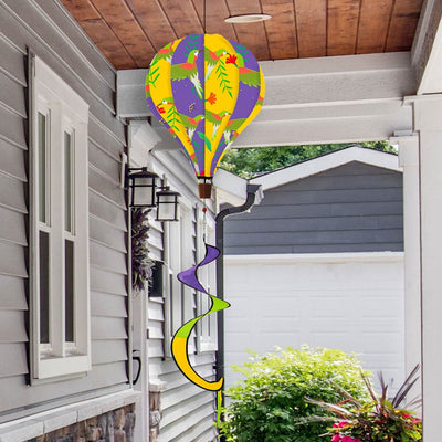 Hot air balloon spinner with hummingbirds and flowers, durable polyester design, and graceful spinning tail for vibrant nature-inspired outdoor décor.