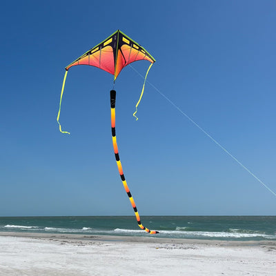 Infrared tube tail with red, orange, and yellow gradient, inflating tubular construction, and swivel clip for dynamic kite motion and visibility.