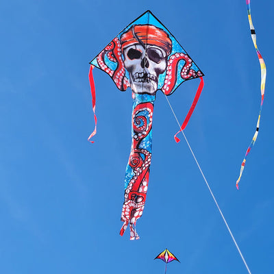 Large Easy Flyer Kite - Pirate Octopus with whimsical design, perfect for stable flying in winds from 5 to 18 mph.