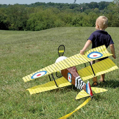 Sopwith Camel biplane kite with WWI-style roundels, spinning propellers, authentic detailing, and easy flight. Line and handle included.