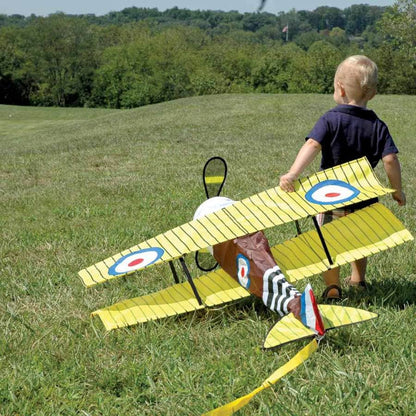 Sopwith Camel biplane kite with WWI-style roundels, spinning propellers, authentic detailing, and easy flight. Line and handle included.