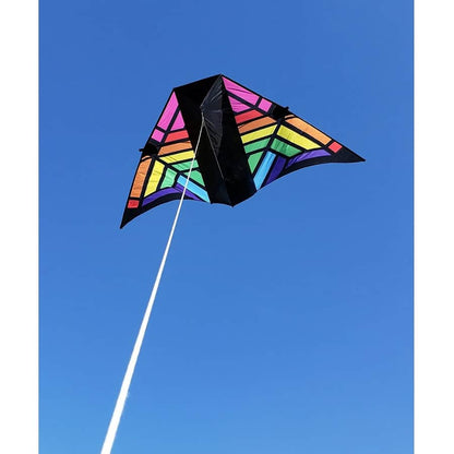 Stained glass style tunnel delta kite with 187 in. wingspan and carbon tube frame, built to lift line decor in light wind with high color visibility.
