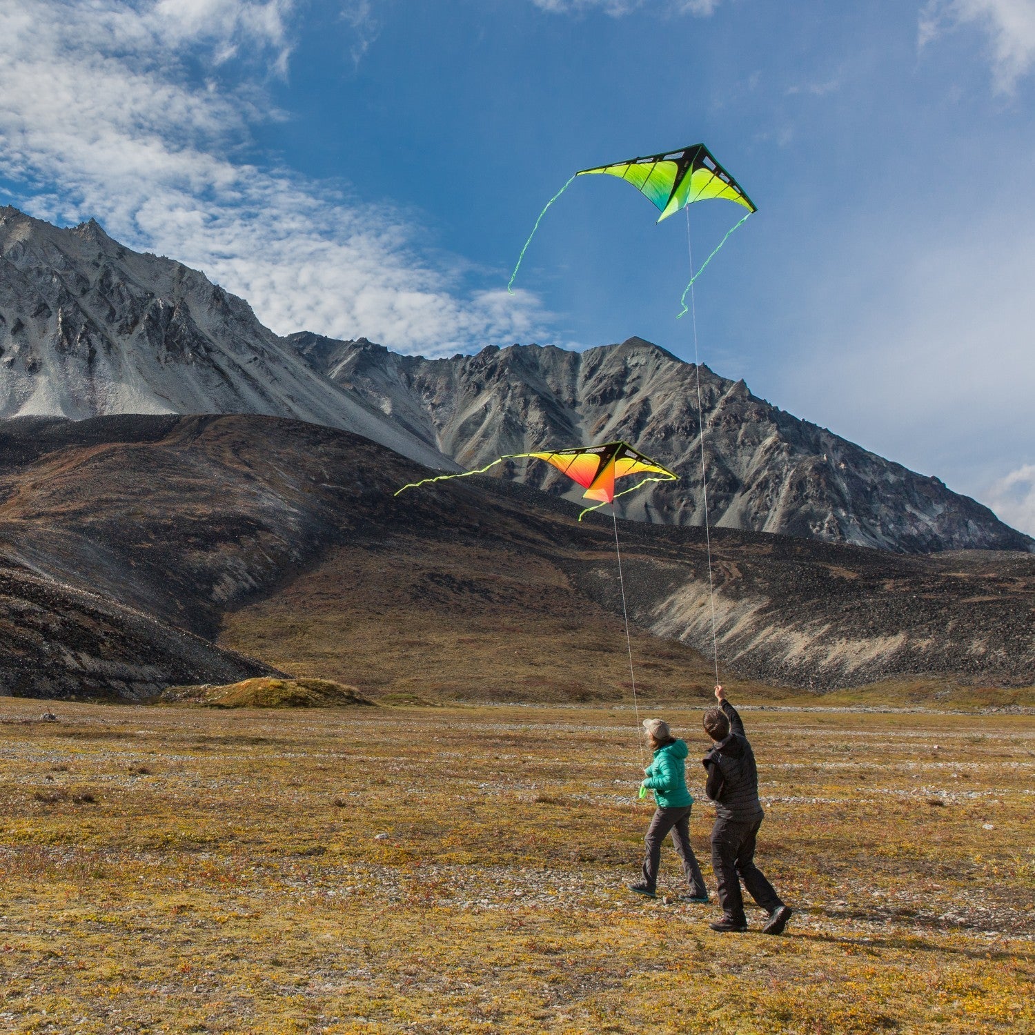 large delta kite with 7 foot wingspan flying in open sky with ribbon tails and strong pull for lifting accessories