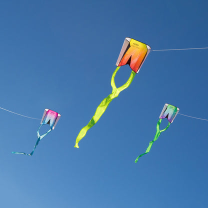 Prism Pocket Flyer single-line kite with all-fabric design, built-in tail, and included flying line, sized for easy travel and beginner-friendly flying.