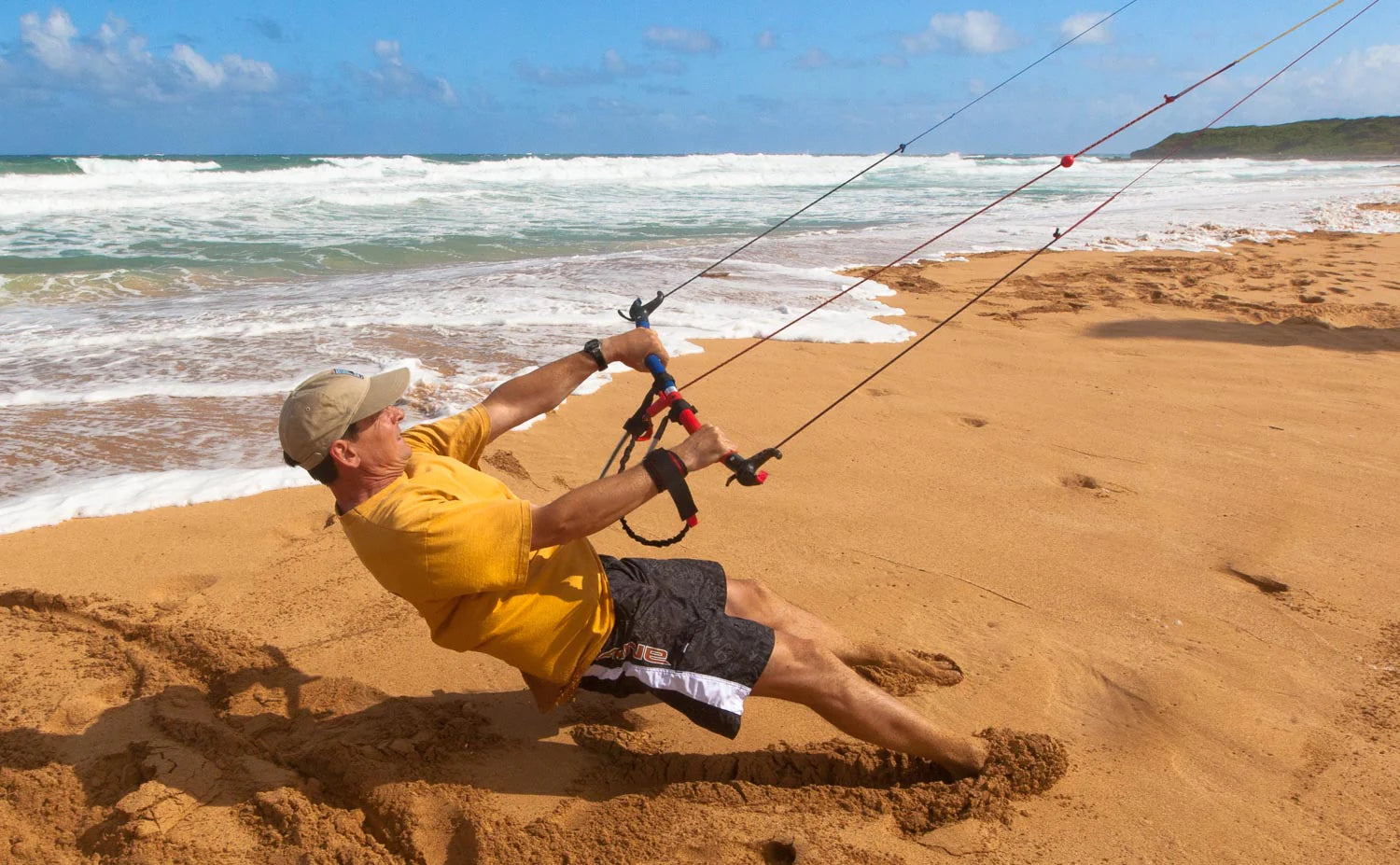 Large traction kite with convertible dual and quad-line control delivers serious pulling power for snow kiting, buggying, and landboarding.