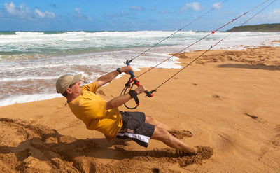 Large traction kite with convertible dual and quad-line control delivers serious pulling power for snow kiting, buggying, and landboarding.