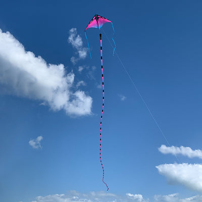 Ultraviolet tube tail with geometric gradient design, inflating airflow construction, and swivel clip for vibrant, motion-filled kite flying.