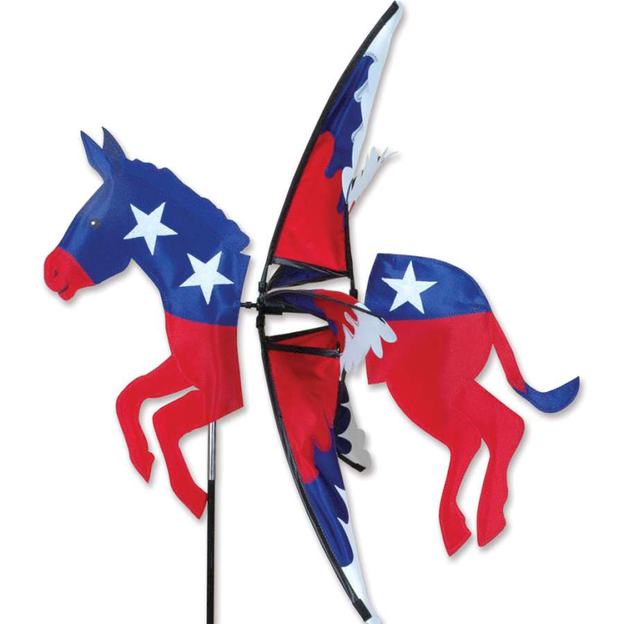 Vibrant Democrat Donkey garden spinner measuring 26x27 inches, adorned with a playful donkey design, spinning in a garden setting.