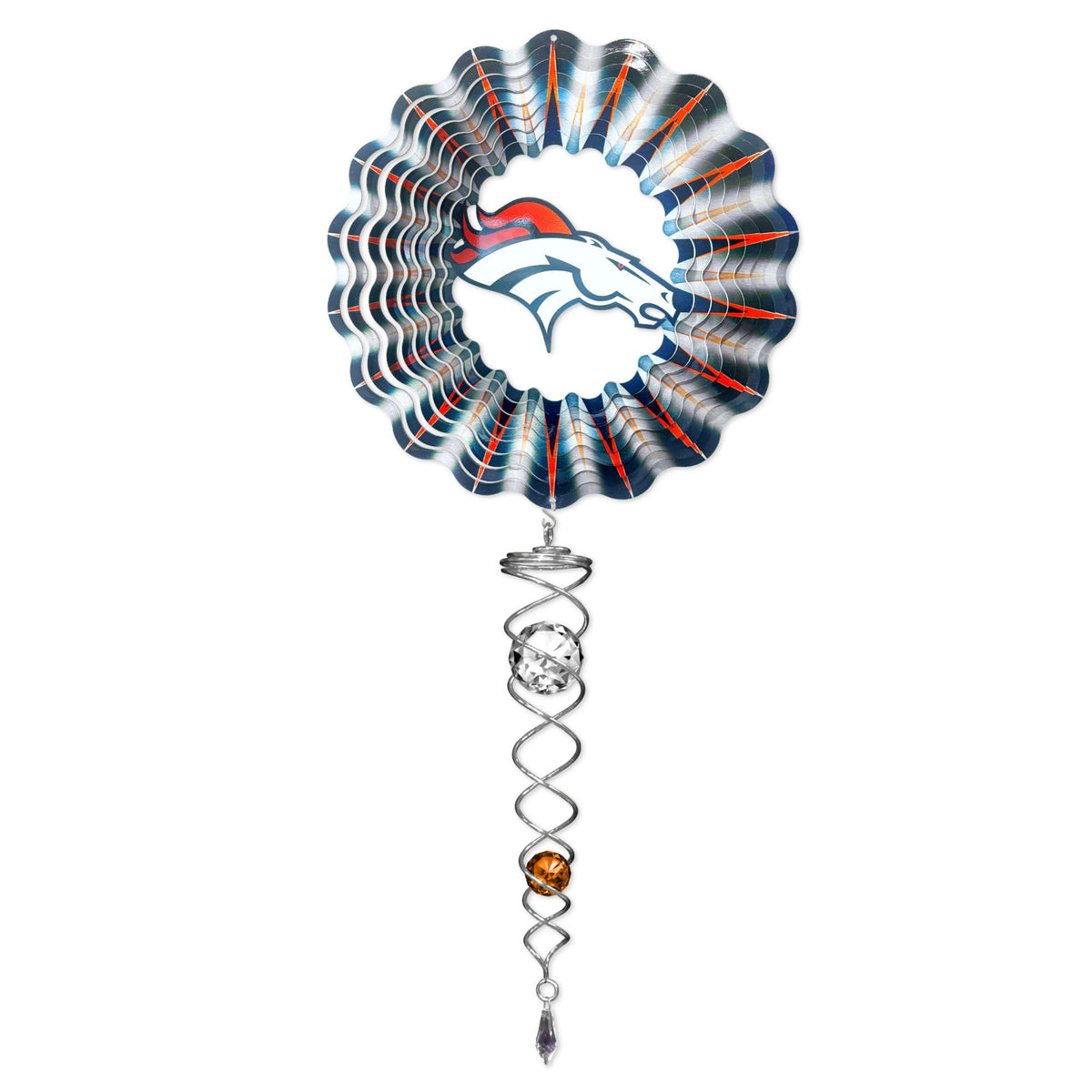 Denver Broncos NFL Mini Set featuring a colorful wind spinner and a sparkling crystal twister displayed in an outdoor garden setting.