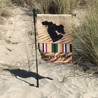 Desert Storm Veteran Lustre Garden Flag displayed outdoors, featuring a vibrant design that honors military veterans with a silky finish, viewable from both sides.