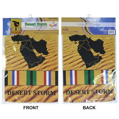 Desert Storm Veteran Lustre Garden Flag displayed outdoors, featuring a vibrant design that honors military veterans with a silky finish, viewable from both sides.
