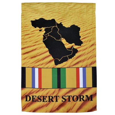 Desert Storm Veteran Lustre Garden Flag displayed outdoors, featuring a vibrant design that honors military veterans with a silky finish, viewable from both sides.