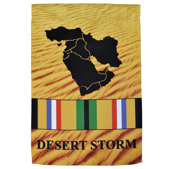 Desert Storm Veteran Lustre Garden Flag displayed outdoors, featuring a vibrant design that honors military veterans with a silky finish, viewable from both sides.