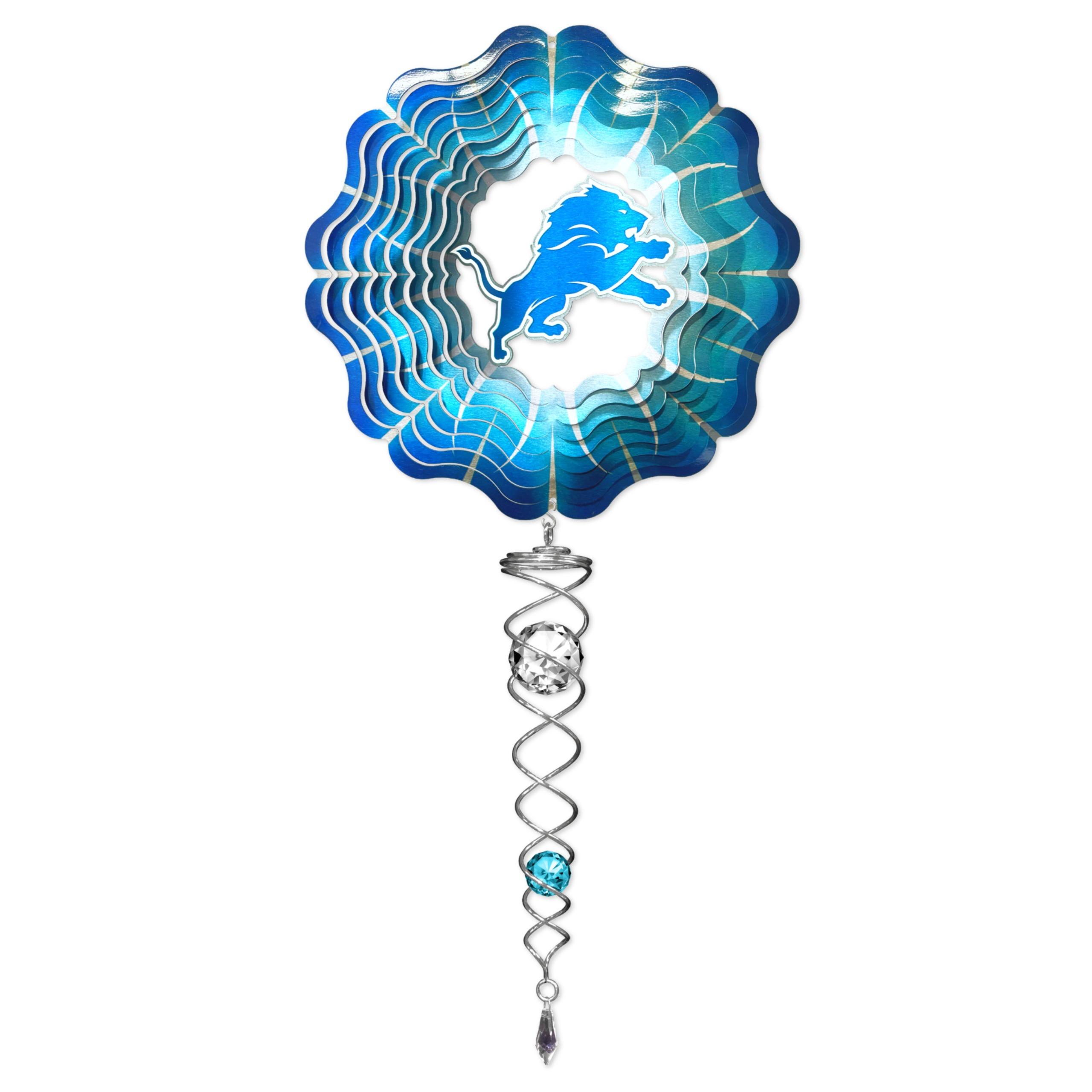 Detroit Lions Mini Set with wind spinner and crystal twister displayed in an outdoor setting, showcasing vibrant team colors and logo.