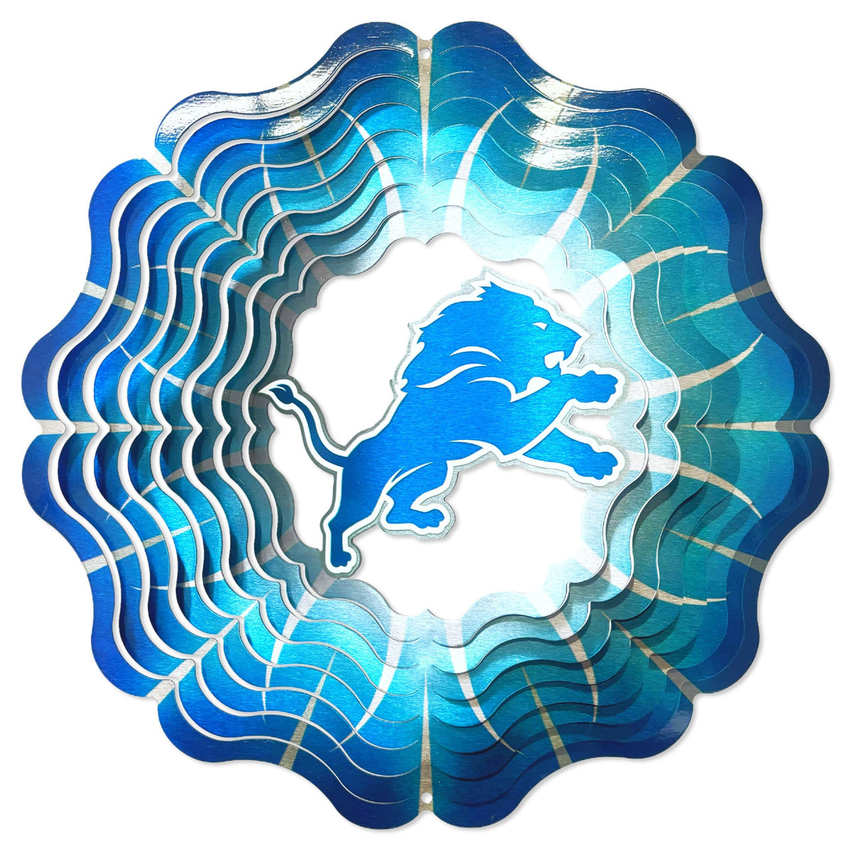 Colorful Detroit Lions NFL Wind Spinner in motion, displaying bold team graphics, perfect for outdoor gardens or indoor displays.
