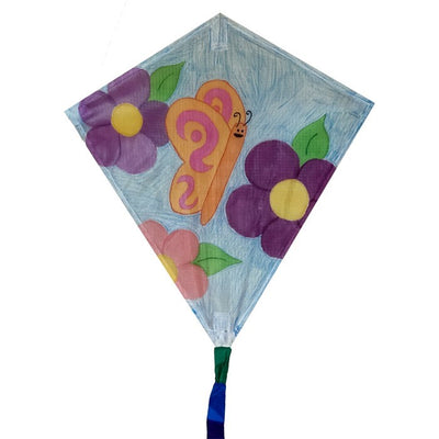 A Diamond Coloring Kite features a classic diamond shape, white weather-resistant fabric for coloring, and 78-inch rainbow tails for added flair.