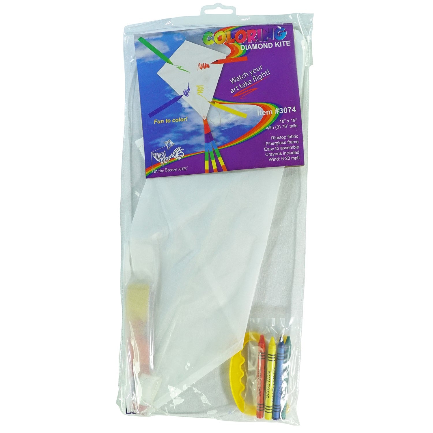A Diamond Coloring Kite features a classic diamond shape, white weather-resistant fabric for coloring, and 78-inch rainbow tails for added flair.